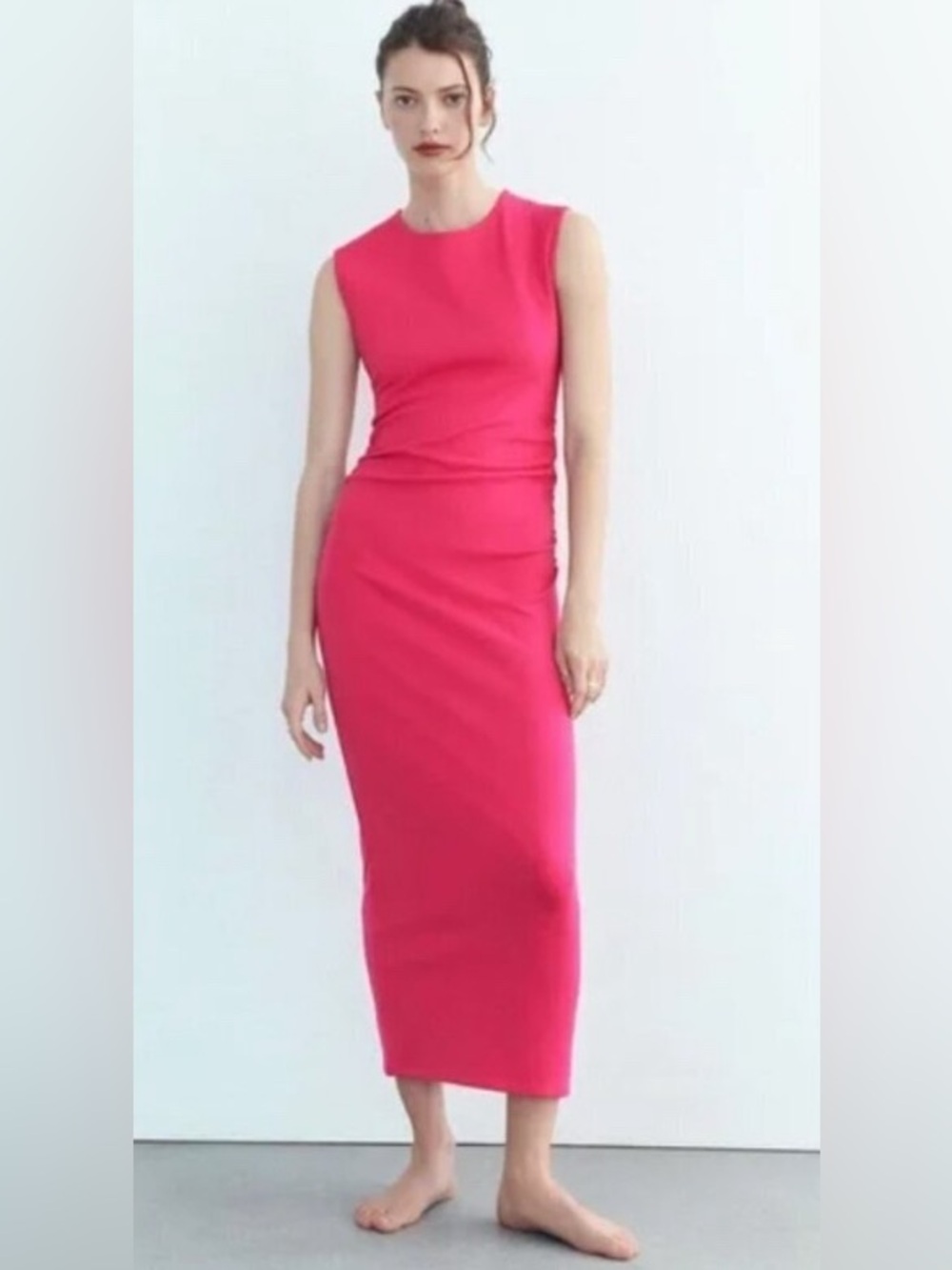 Zara Hot Pink Gathered Waist Midi Dress
